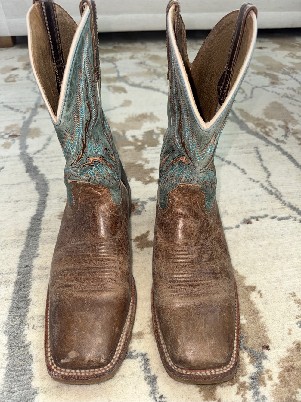 Ariat Brown Leather Cowboy Boots with Turquoise Stitching